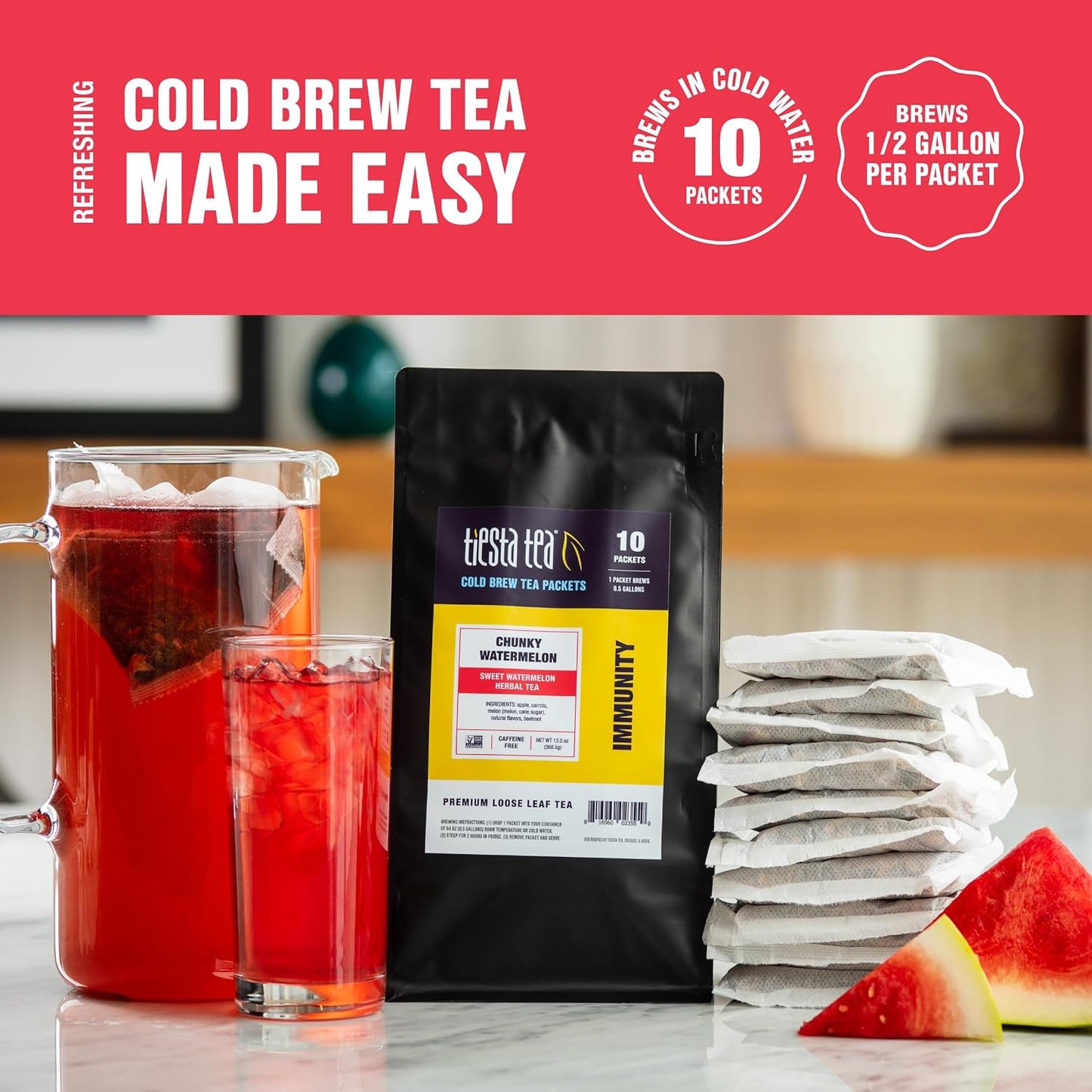 Tiesta Tea - Chunky Watermelon Cold Brew, Loose Leaf | Sweet Watermelon Herbal Tea, Non-Caffeinated, Cold Brew Packets, Makes 64 oz Per Bag (Pack of 10)