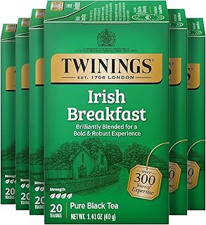 Twinings Irish Breakfast Black Tea Individually Wrapped Bags, 20 Count (Pack of 6), Flavourful, Robust Black Tea, Caffeinated, Enjoy Hot or Iced, 120 Teabags
