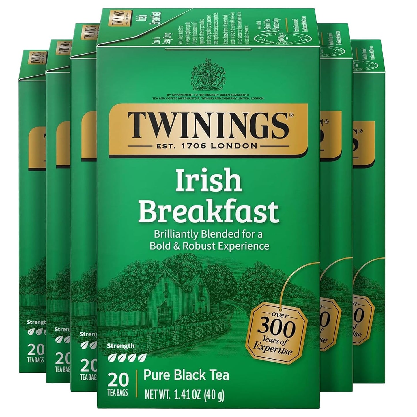 Twinings Irish Breakfast Black Caffeinated Tea Bags, 20 CT Box (6 Pack) | Our Strongest Black Tea, Rich and Bold, Naturally Caffeinated, 120 Foil Lined Individually Wrapped Bags, Enjoy Hot or Iced