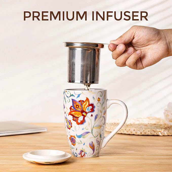 Gbhome Tea Mug with Infuser and Lid, 18 Ounce Large Ceramic Loose Leaf Cup, Microwave, Dishwasher Safe, Perfect for Tea Lovers