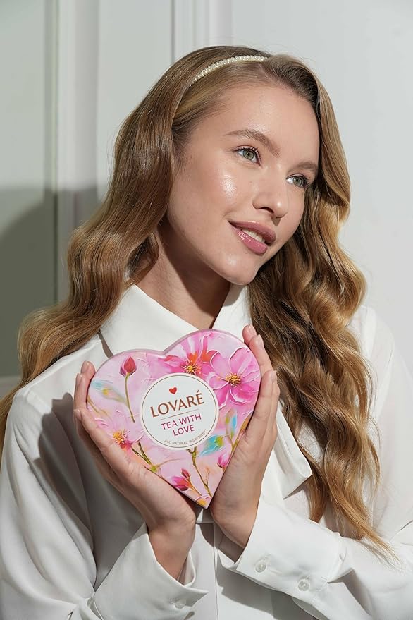 Tea Set By Lovare Made in Ukraine - Black and Green, Fruit, Peach Assorted Samplers - Fancy Variety of Packets - Gift Box For Flavored Tea Lovers Men & Women (Heart (34 Pyramids))