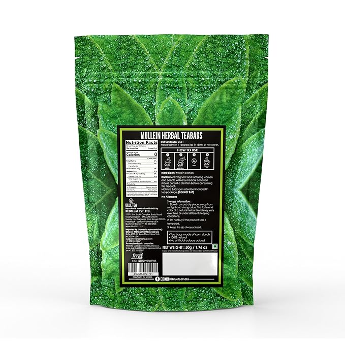 Blue TEA Mullein Tea – 50 Pyramid Plant-Based Tea Bags – Caffeine-Free, Non-Bitter, Ziplock Pack