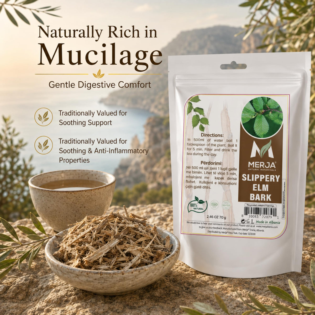 Merja Slippery Elm Bark Loose Leaf Tea — Real Whole Bark Pieces Not Powder — Naturally Rich in Mucilage — Traditional Herbal