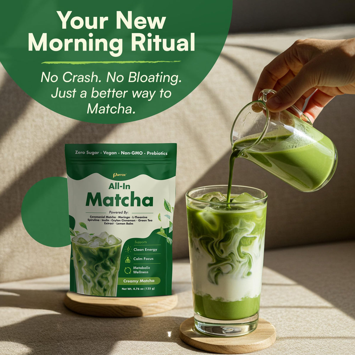 Parrox Ceremonial Grade Matcha Powder with Moringa & L-Theanine, Japanese, 2 Pack