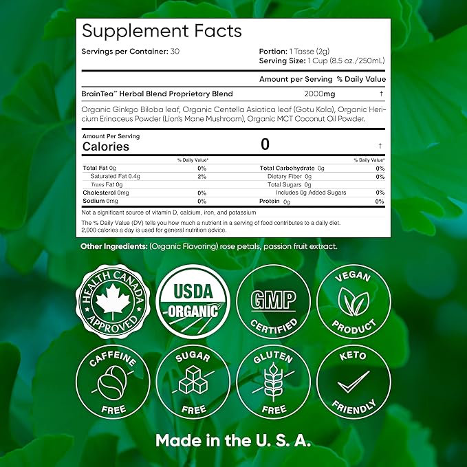Brain Tea Focus & Memory - Brain Tea Organic Certified 4-in-1 Nootropic Herbal Supplement with Ginkgo Biloba, Gotu Kola, Lion’s Mane Mushroom, MCT Caffeine-Free for Mental Clarity (30 Sachets)
