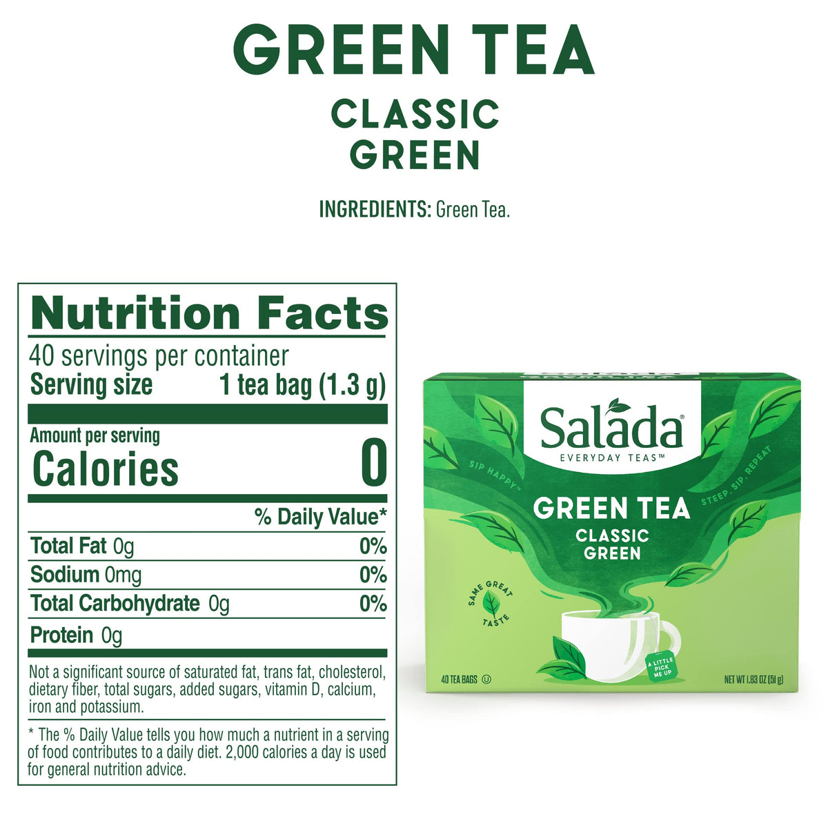 Salada Green Tea with 40 Individually Wrapped Tea Bags Contains Caffeine Brew Hot Naturally Flavored Rich in Antioxidants