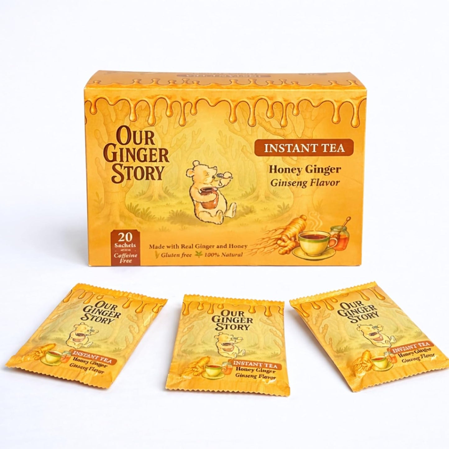 Premium Honey Ginger Instant Tea Crystals, With Ginseng 20 Sachets Real Ginger Real Honey Pure Cane Sugar Caffeine Free Hot Or Cold Single Serve Drink Mix