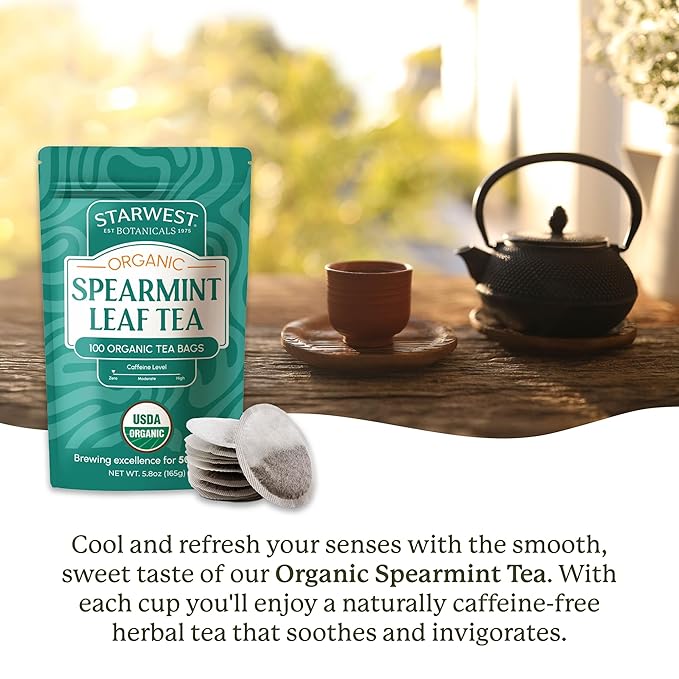Starwest Botanicals Organic Spearmint Leaf Tea - Caffeine Free Herbal Tea, Promotes Calm, USDA Organic Spearmint Leaf, String Free Sachets, Non GMO