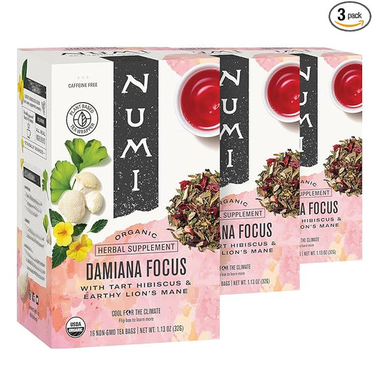 Numi Organic Damiana Focus Herbal Tea, 48 Tea Bags, Caffeine‑Free Blend with Damiana Ginkgo Lion’s Mane Hibiscus Mint Licorice & Marshmallow for Mental Clarity and Energy