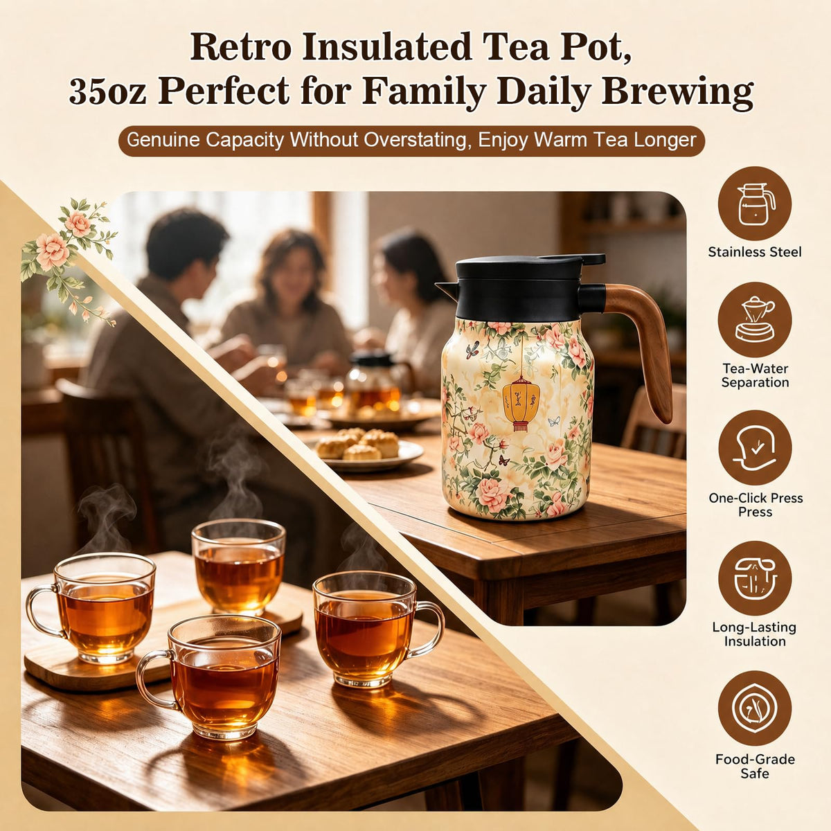 wurgocy Vintage Teapot with Infuser, 35 oz Insulated Tea Pot for Loose Leaf Tea