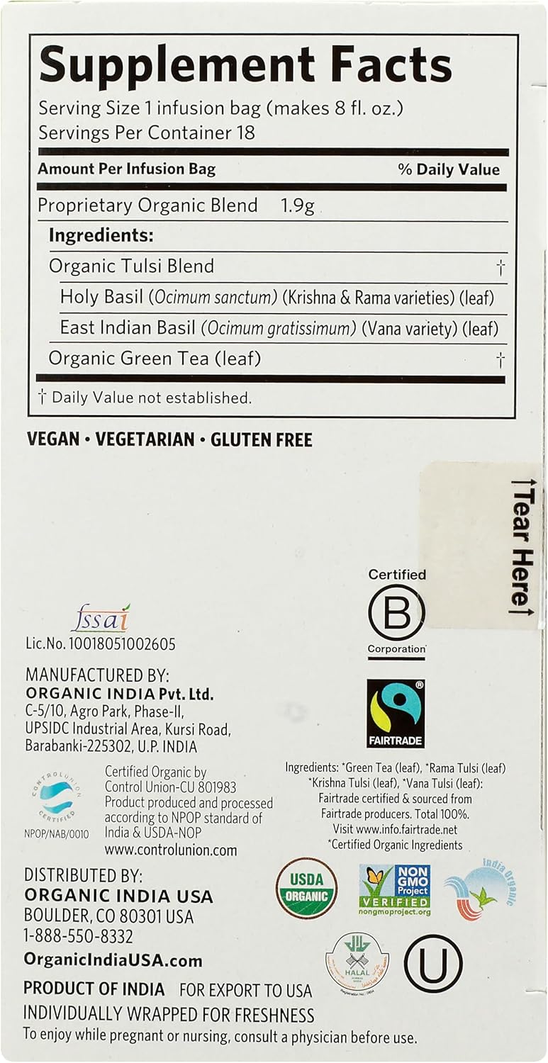 Organic India, Tea Tulsi Green Organic, 18 Count