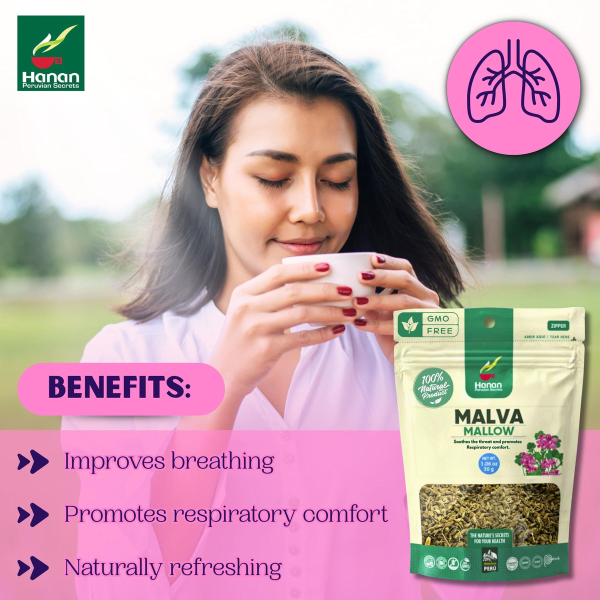HANAN PERUVIAN SECRETS Hanan Mallow Tea Loose Leaf - Te de Malva 30g Herbal Tea Dried Malva Sylvestris Plant Leaves from Peru
