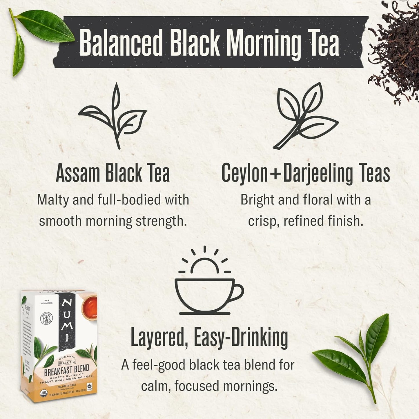 Numi Organic Breakfast Blend Tea | 18 Black Tea Bags | Assam, Ceylon & Darjeeling Black Teas | Caffeinated