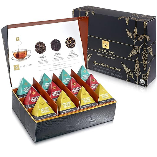 Teabloom Classic Black Teas – Organic Assortment with 12 Plant-Based Pyramid Sachets, Earl Grey, Darjeeling & English Breakfast, Elegant Presentation Box for Tea Enthusiasts