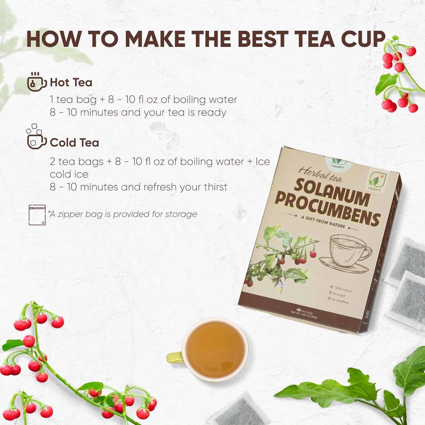 NMPT 100% Solanum Procumbens Leaf Tea, Hand Pick, Cà Gai Leo Organic Herbal Tea, 40 Count, Freeze Drying, Gluten Free, Dairy Free, No Sugar Added, Energy Boost &amp; Health Support, 0.07 Oz Each