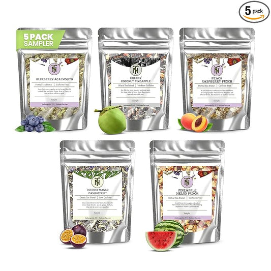 Nelson's Tea Tropical Samplers- 5 Flavors Variety Pack - Blueberry Acai Mojito, Cherry Coconut Pineapple, Coconut Mango Passionfruit