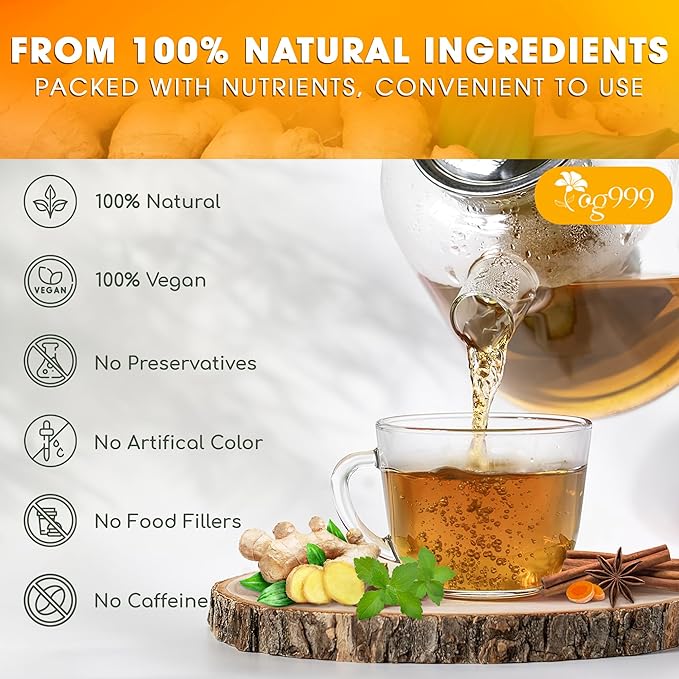 TOG999, 20 Tea Bags of Ginger, Turmeric and Cinnamon, Upgraded Version, 100% Natural, Hand-made Blend of Ginger, Turmeric, Cinnamon, Orange Peel, Black Pepper, Stevia Leaves, Jasmine. No Sugar, Vegan.