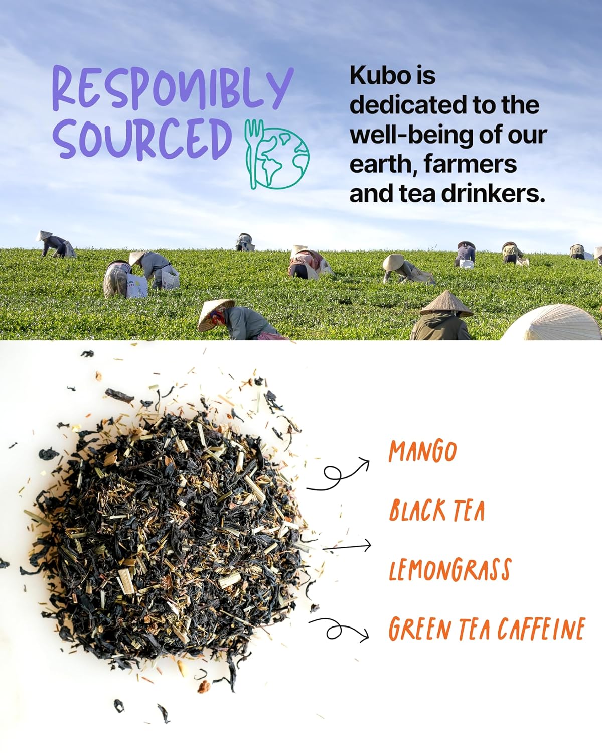 Kubo Tea High Caffeine Black Tea, Organic Lemon Mango, 20 Count | Lemongrass, Dried Mango, Organic, High Caffeine Black Tea