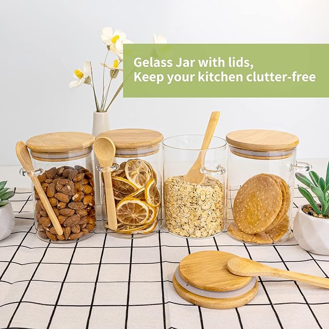 Airtight Food Storage Containers, Glass Canister With Wooden Spoon and Lids, 20 Oz Jars for Serving Bath Salt, Sugar, Spice, Coffee, Tea, Cereals