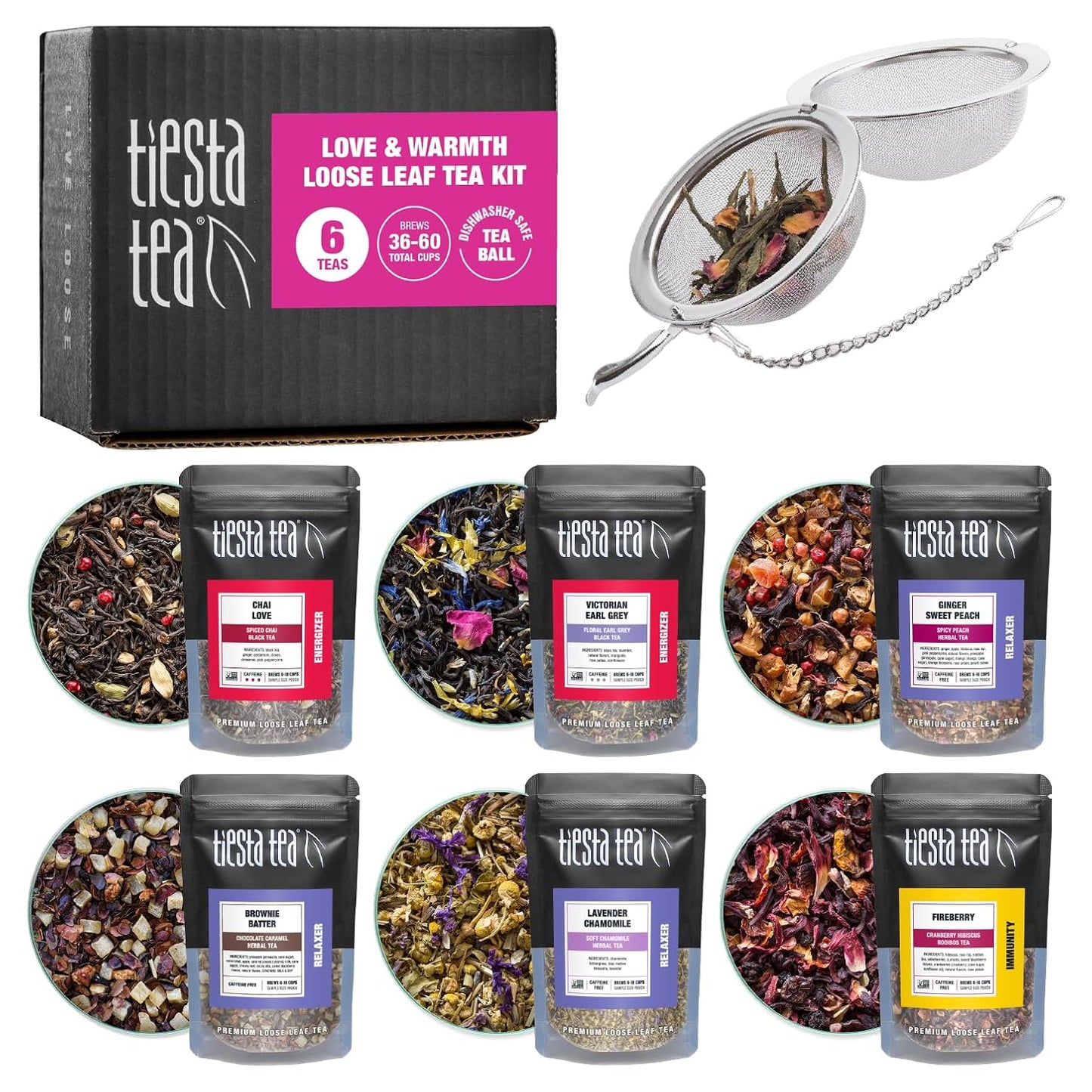 Tiesta Tea - Love & Warmth Loose Leaf Tea Gift Set, Loose Leaf, 6-Flavor Premium Variety Pack with Ball Strainer for Steeping, Brewing, and Enjoying