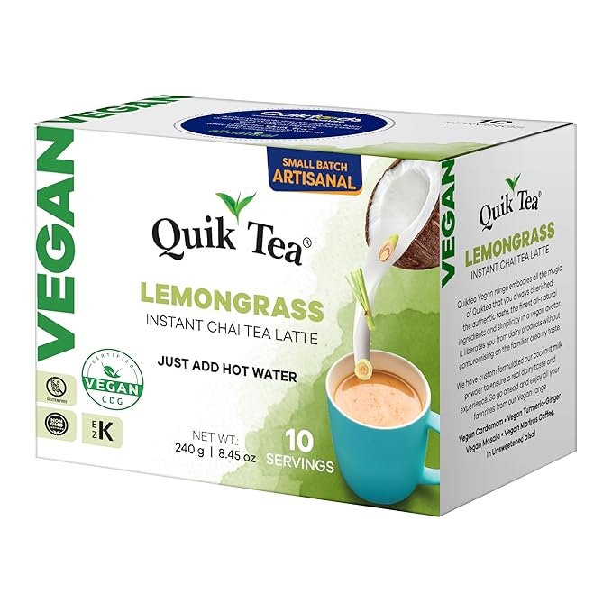 QuikTea Vegan Lemongrass Chai Tea Latte – 10 Count, Instant Herbal Blend with Natural Ingredients, Caffeine-Light, Preservative-Free