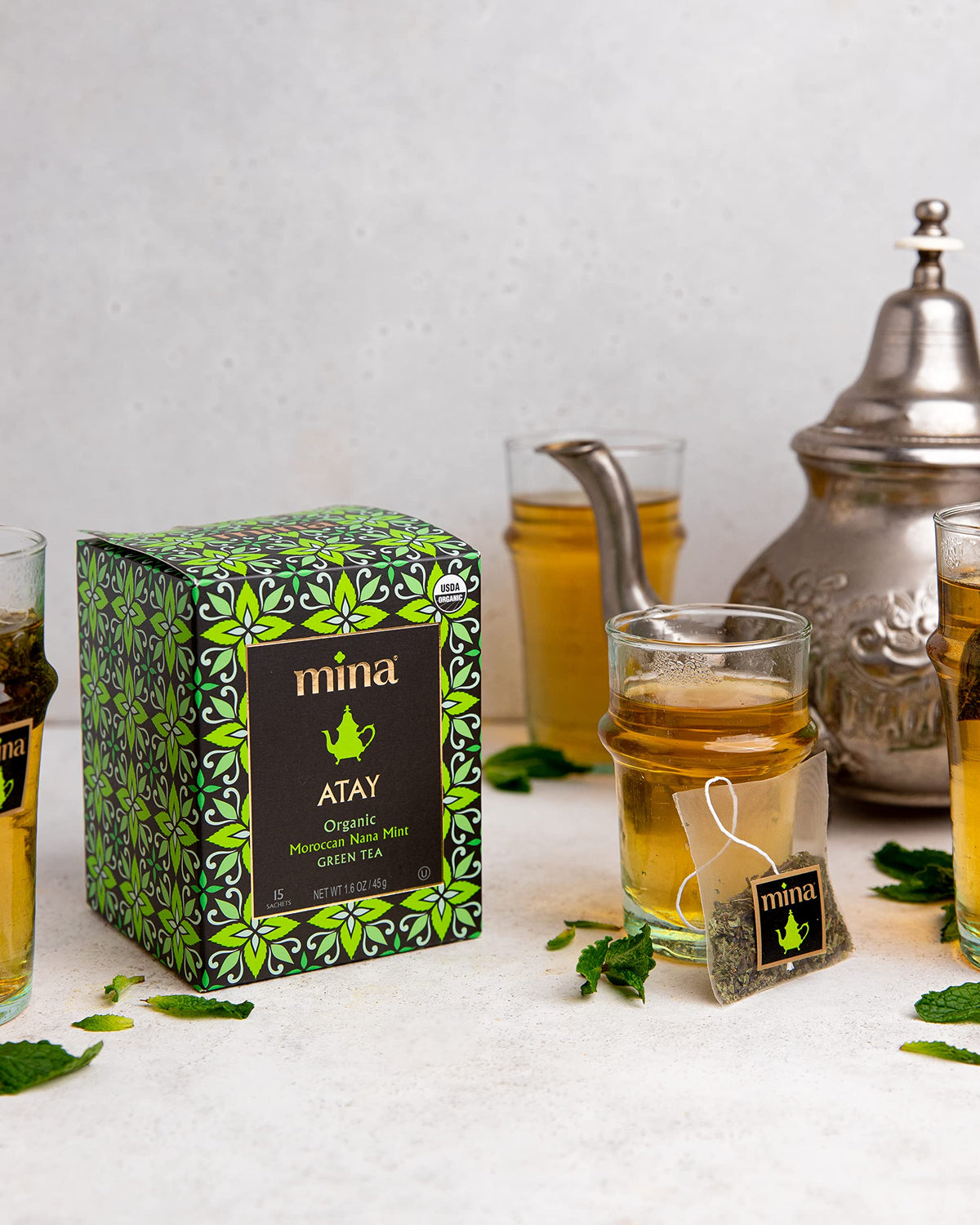 Mina Atay Moroccan Nana Mint Organic Green Tea, 15 Biodegradable Sachets - Refreshing Moroccan Mint Green Tea Bags, Moroccan