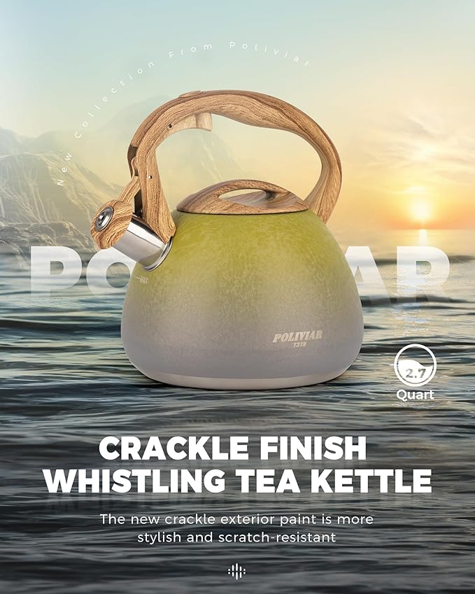 Poliviar Tea Kettle, 2.7 Quart Stovetop Tea Kettle, Audible Whistling Teapot with Crackle Finish, Food Grade Stainless Steel for Anti-Rust