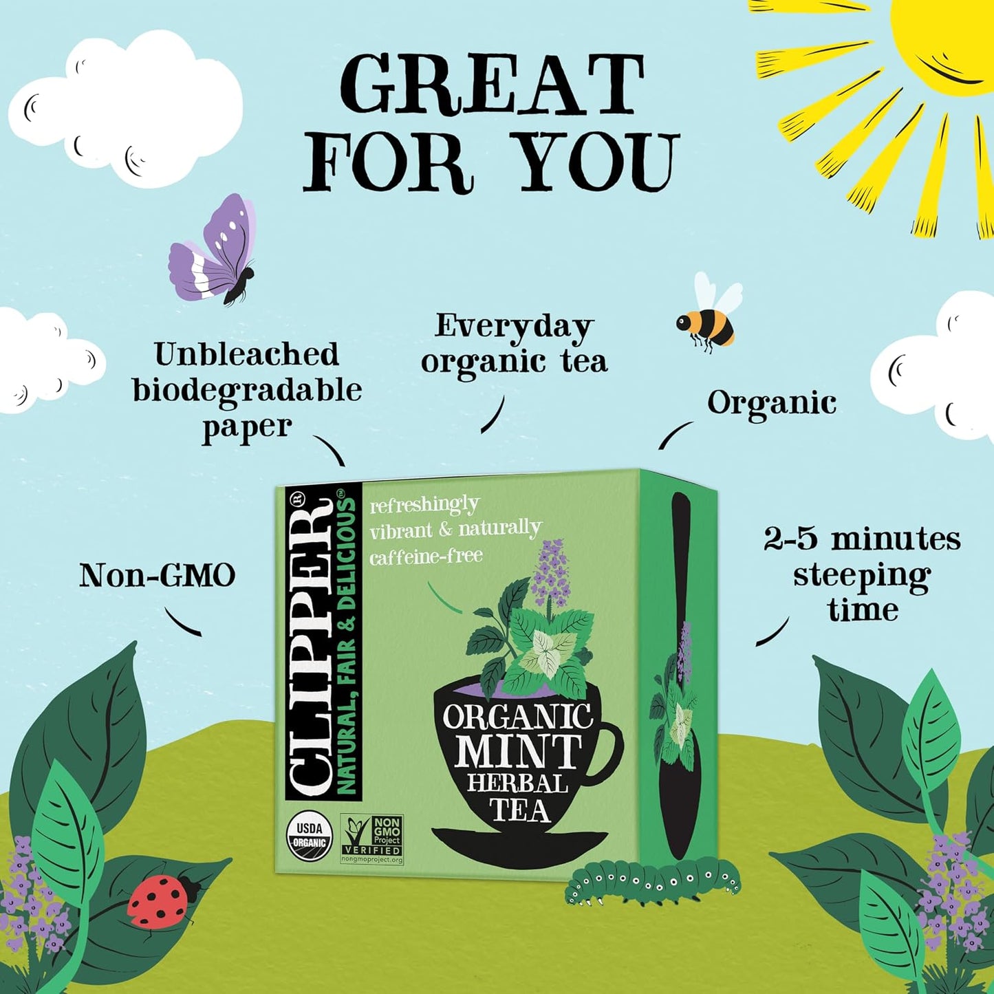 Clipper Organic Mint Herbal Tea, 4 Pack / 200 Tea Bags | Naturally caffeine free herbal tea in unbleached tea bags, USDA Organic, Non-GMO approved