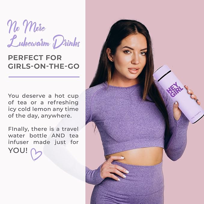 Hey Girl Tea Infuser Bottle 450ml - Insulated Stainless Steel Water Bottle - Tea Tumbler with Tea Diffuser