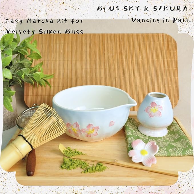 Matcha set with tray 8pcs, Japanese Matcha Kit includes Ceramic Matcha Bowl, Bamboo Matcha Whisk (Chasen), Whisk Holder, Macha Scoop(Chashaku)