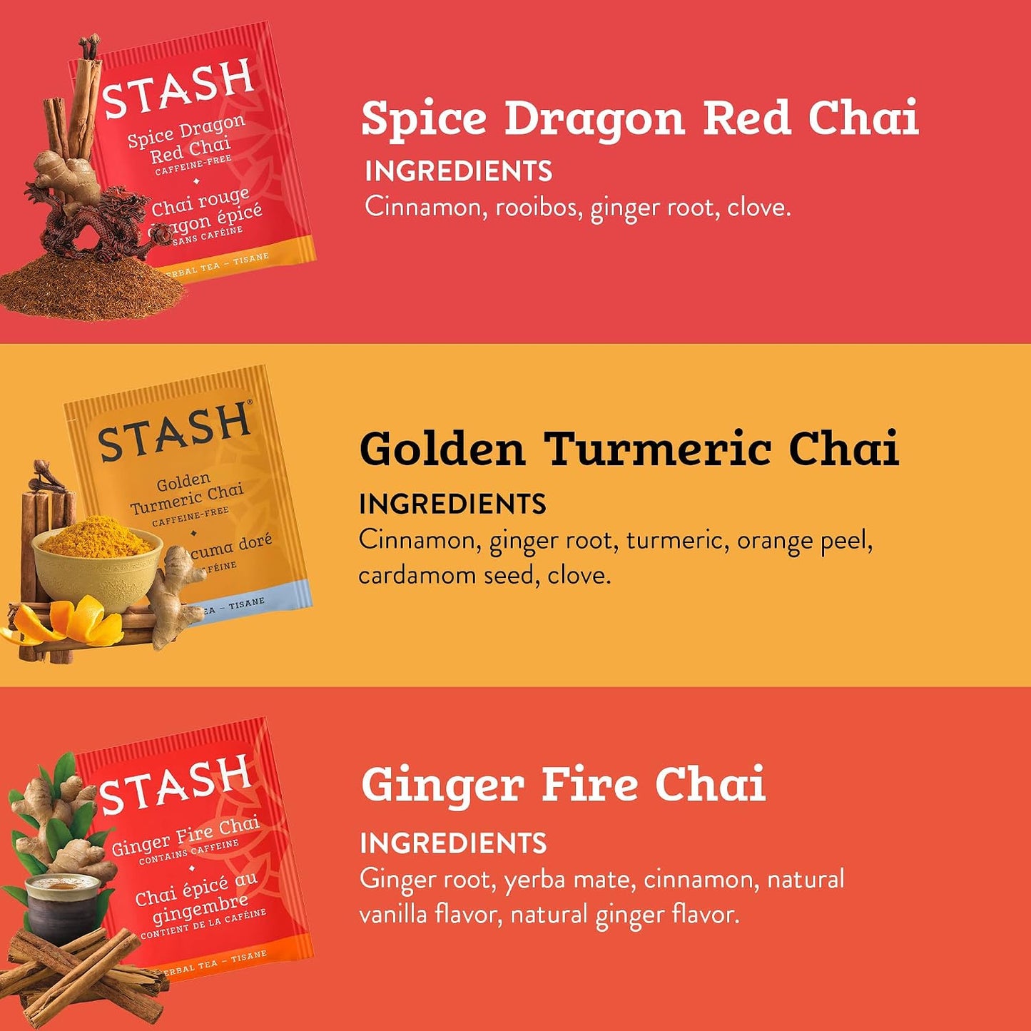 Stash Tea Chai Tea Variety Pack Sampler Assortment - Caffeinated, Non-GMO Project Verified Premium Tea with No Artificial Ingredients, 18-20 Count (Pack of 6)