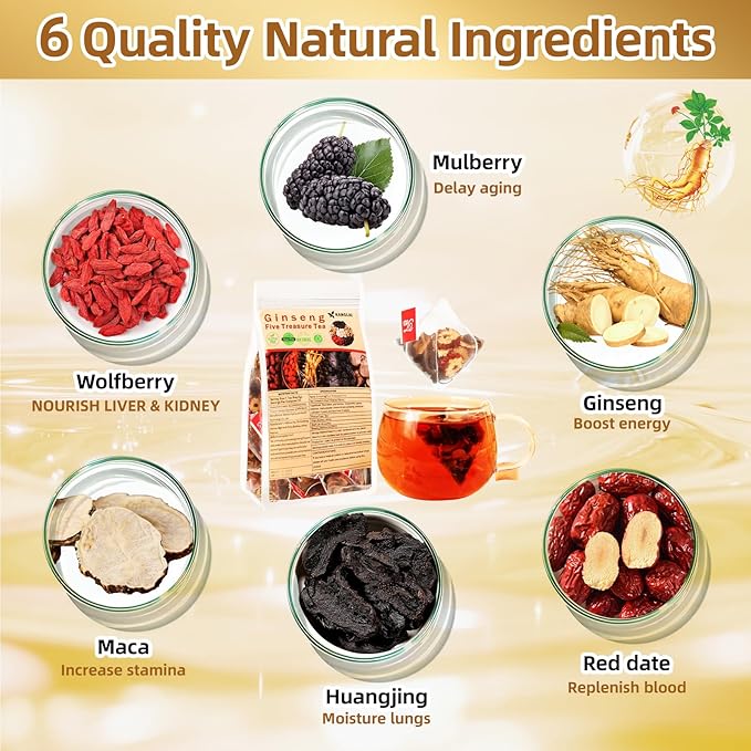 Ginseng Five Treasures Tea - 6 Precious Herbs Kidney Cleanse & Detox Tea, Traditional Chinese Organic Herbal Blend with Ginseng, Goji
