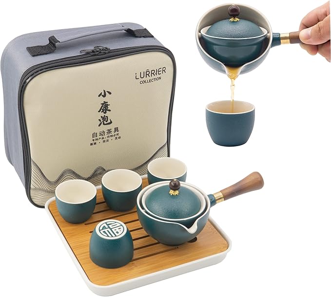 LURRIER Porcelain Chinese Gongfu Tea Set,Portable Teapot Set with 360 Rotation Tea maker and Infuser