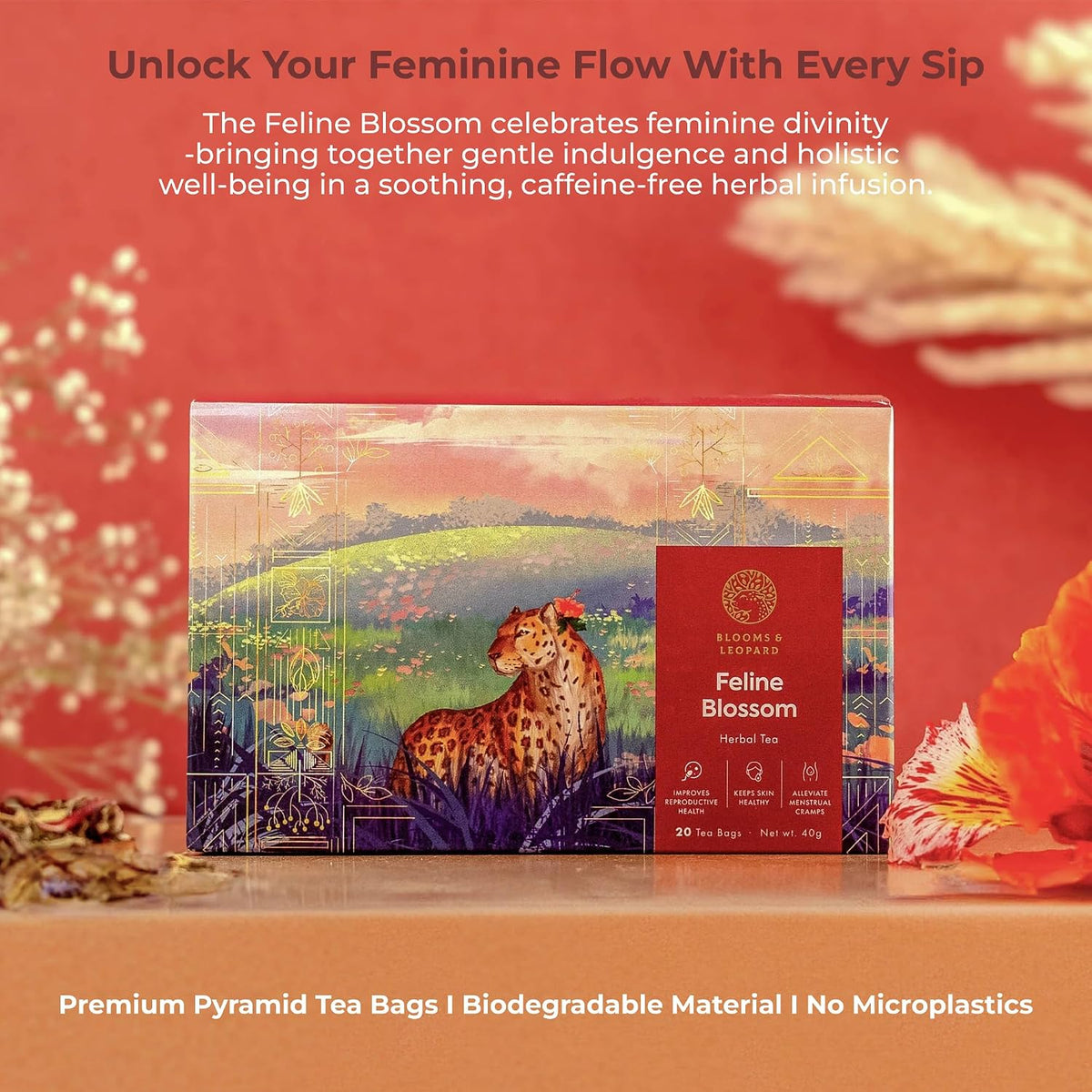 Blooms &amp; Leopard Premium Herbal Tea Bags – Feline Blossom Blend with Hibiscus, Licorice, Fennel, Tulsi &amp; Shatavari – Caffeine-Free Tea – 20 Pyramid Tea Bags, Caffeine-Free for Hot or Iced Tea