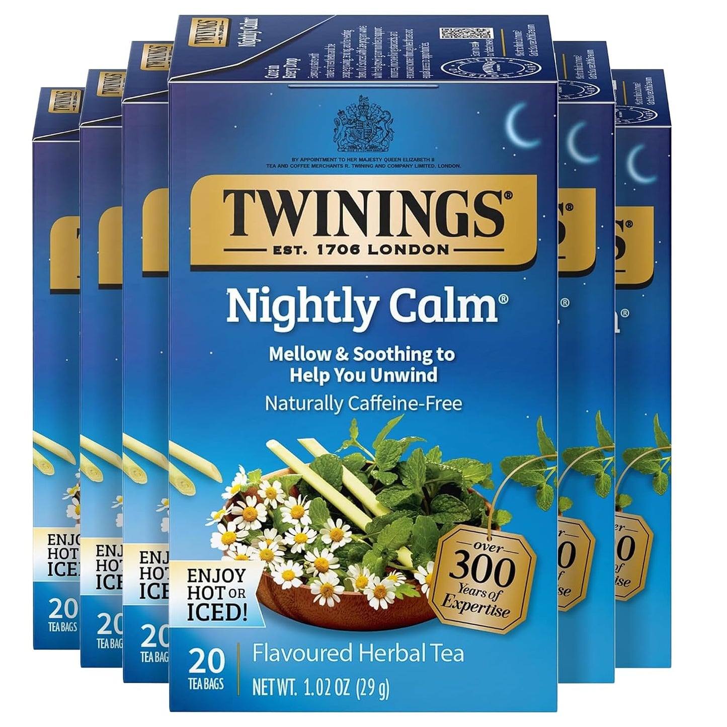 Twinings Nightly Calm Herbal Caffeine-Free Tea Bags, 20 CT Box (6 Pack) | Relaxing Before Bedtime, Spearmint, Camomile, Lemongrass, Naturally Caffeine-Free, 120 Foil Lined Individually Wrapped Bags