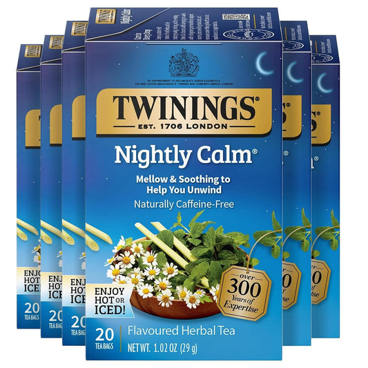 Twinings Nightly Calm Herbal Caffeine-Free Tea Bags, 20 CT Box (6 Pack) | Relaxing Before Bedtime, Spearmint, Camomile, Lemongrass, Naturally Caffeine-Free, 120 Foil Lined Individually Wrapped Bags