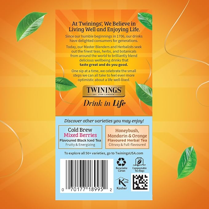 Twinings Cold Brew Peach Black Iced Tea Bags, 20 Count (Pack of 4), Deliciously Unsweetened Flavoured Black Tea, Caffeinated, 80 Individually Wrapped Tea Bags