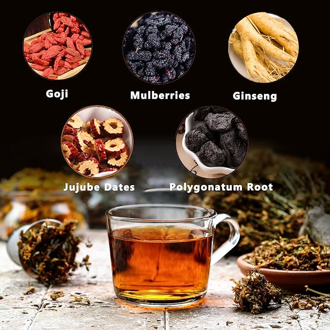 Redmint Herbal Tea Mastery - Brain Boost, Five Treasures Tea for Focus and Energy, Natural Ginseng and Mulberry Herbal Tea with Goji Berry
