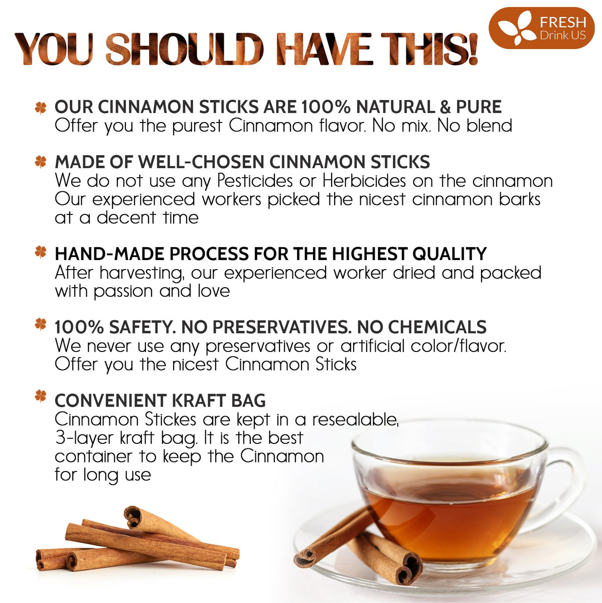 FreshDrinkUS, 75+ Cinnamon Sticks, 2 ¾”, 100% Pure & Natural, Strong Aroma, Great for Baking, Cooking, Beverages & Gift, No
