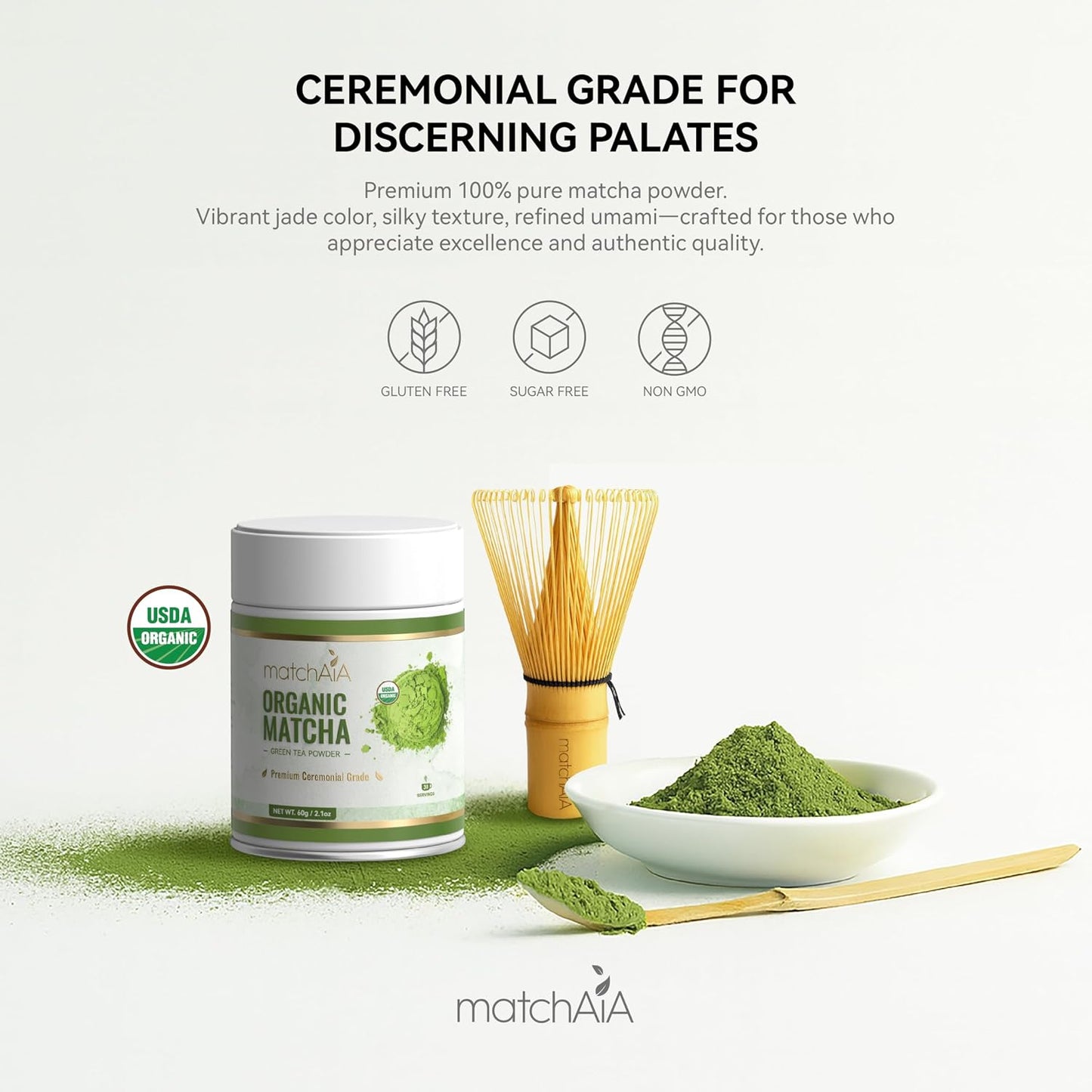 MatchAiA Organic Matcha Powder, Premium Ceremonial Grade, 60g/2.1oz Tin | 100% pure green tea matcha, first spring harvest, certified organic, sugar free, gluten free, vegan, tea ceremonies &amp; lattes