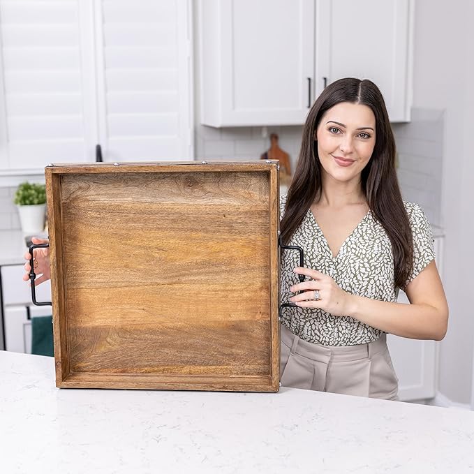 20"x20" Extra Large Square Ottoman Tray, Heavy Duty Mango Wood, for Serving Tea, Breakfast in Bed