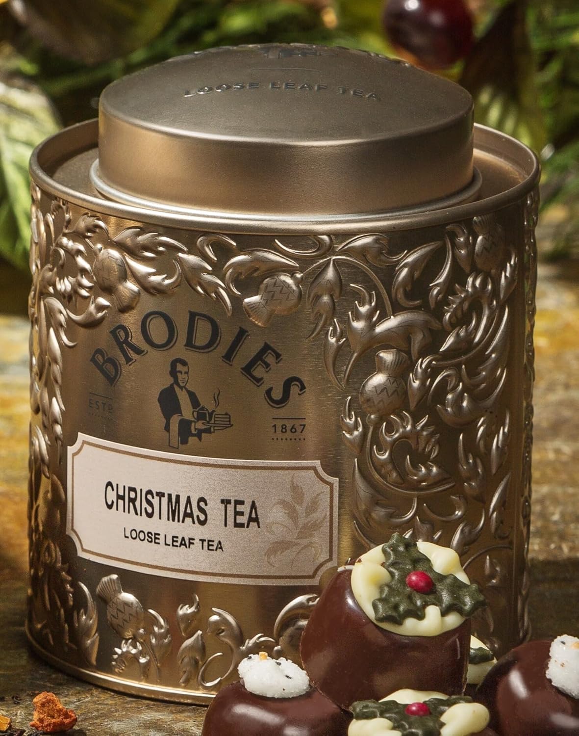 Brodies Tea, Christmas Tea, Loose Leaf Black Tea Caddy Gift Tin Imported from Scotland, 3.5 Ounce (Pack of 1)