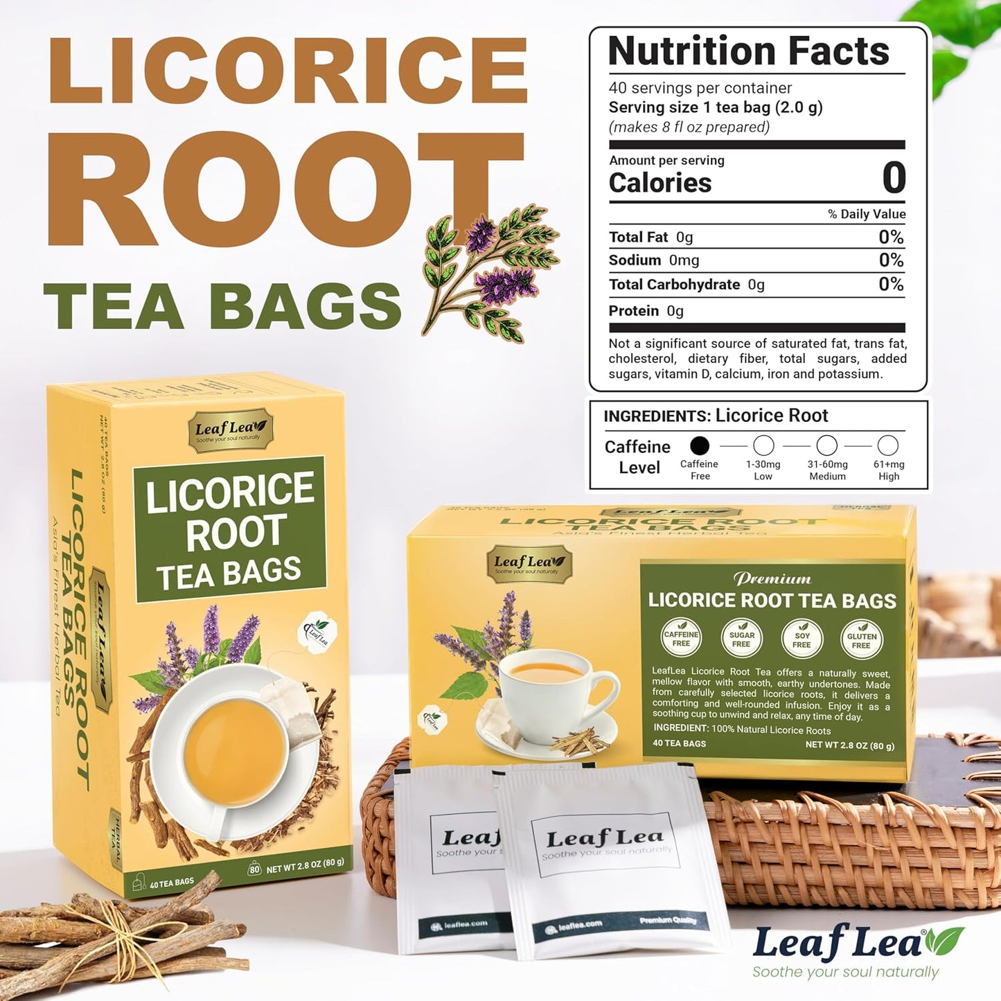 LeafLea Licorice Root Tea Bags, Caffeine-Free Liquorice Tea, 80 Count | Naturally Sweet Black Licorice Spice, 100% Pure Single Ingredient, Sugar-Free, Foil-Wrapped Freshness