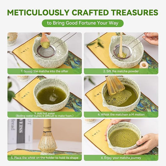 Matcha Whisk Set, Green Speckled Ceramic Matcha Bowl with Spout, Bamboo Whisk & Holder – 8-Piece Making Kit for Home, Yoga & Gifts