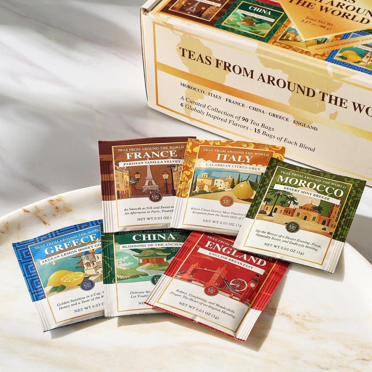 Exotic Teas of the World Gift Set – 90 Count International Tea Bags Variety Pack | Global Sampler Box Featuring England, France, Italy, Morocco, Greece & China | Gourmet Assorted Gift Travel Lovers