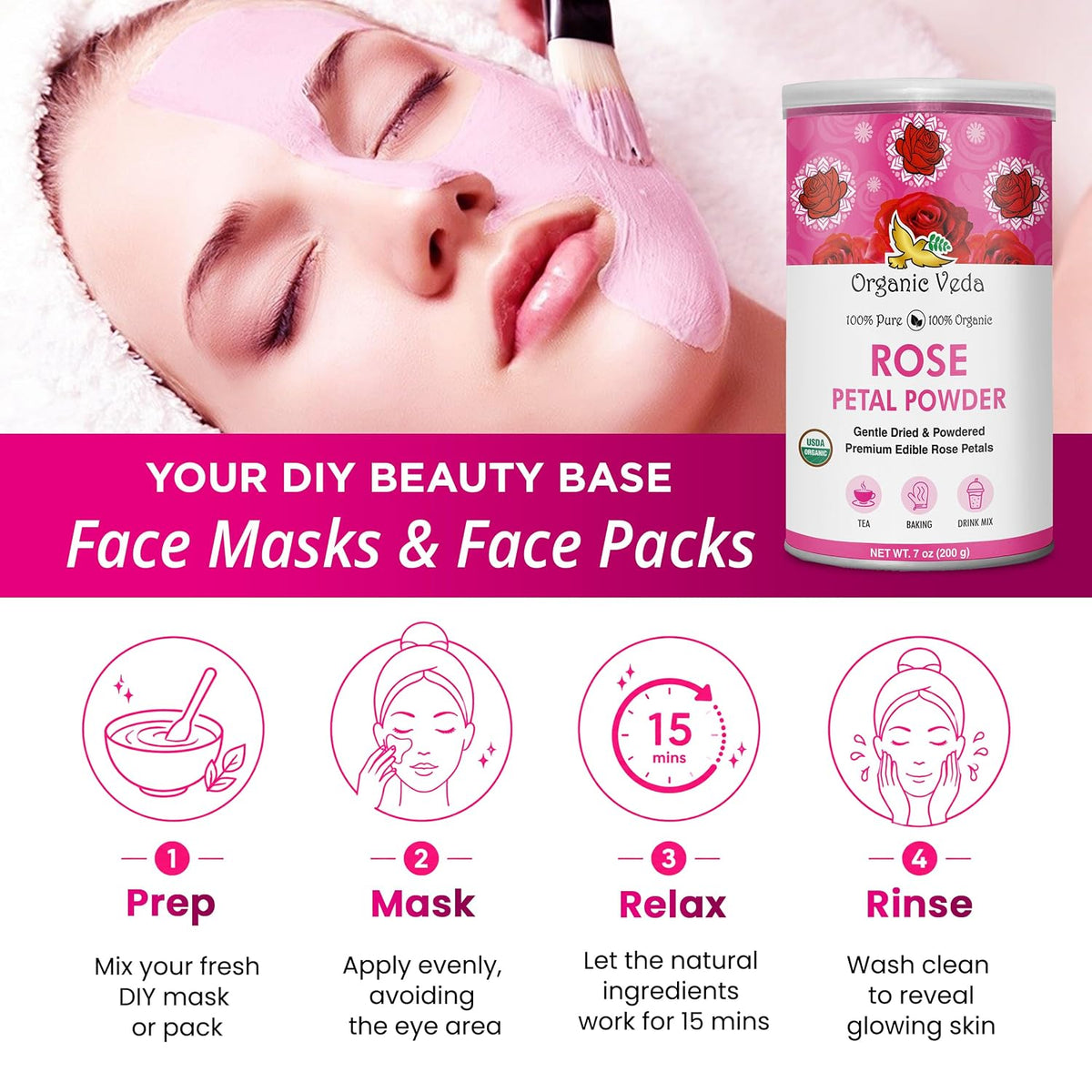 Organic Veda Rose Petals Powder - USDA Organic Edible Dried Rose Petals for Tea, Baking, Drink Mix, DIY Beauty Skin Care, Hair &amp; Face Mask - 100% Pure Rose Powder for Culinary &amp; Aromatherapy, 7 oz