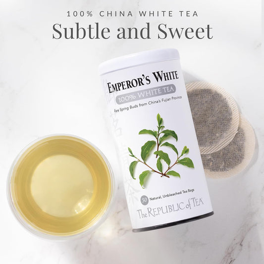 The Republic of Tea Emperor's 100% White Tea, Low Caffeine, 50 Count | A gentle cup for everyday sipping. Delicate and smooth. Gluten Free and Kosher.