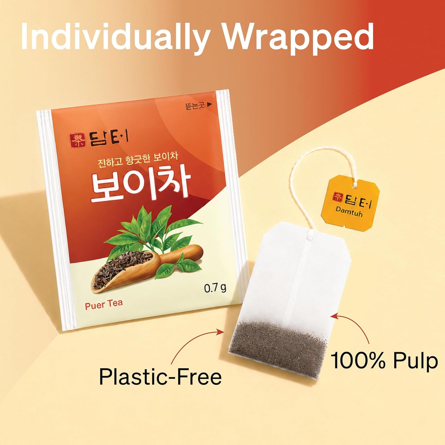 Damtuh Korean Pu-erh Tea Bags, Aged Dark Tea, 50 Count | Earthy, Mellow, Full-bodied, 100% Pu-erh Leaf, Sugar-Free, Vegan, Individually Wrapped