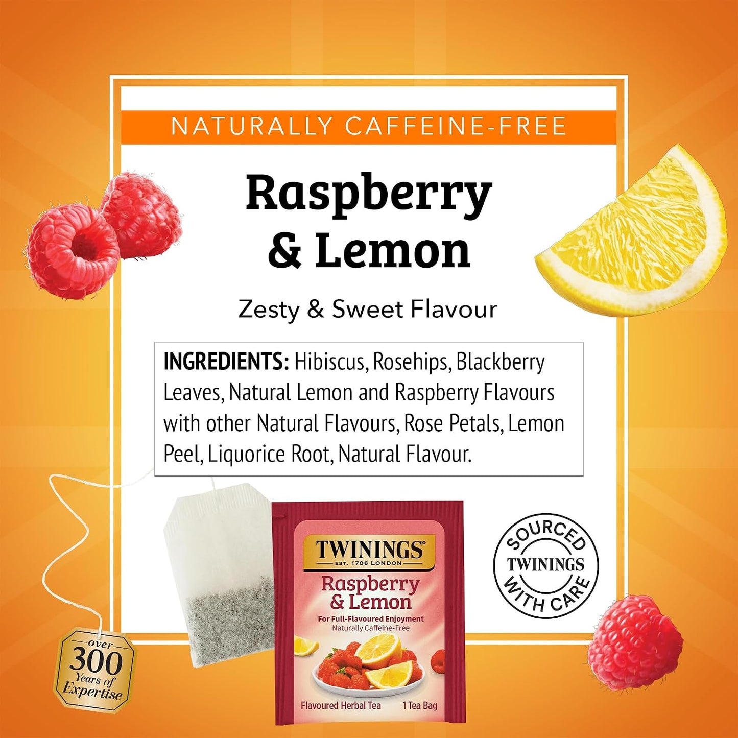 Twinings Raspberry &amp; Lemon Herbal Tea Bags, 20 CT Box (1 Pack) | With Hibiscus, Rosehips, Blackberry Leaves, Rose Petals, Naturally Caffeine-Free, 20 Foil Lined Individually Wrapped Bags
