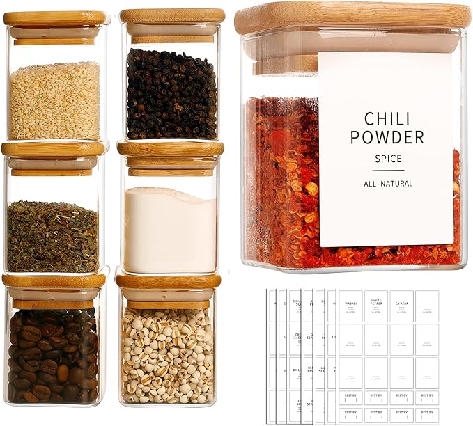 12 Pcs Square Glass Spice Jars with Natural Bamboo Lids - 5oz Airtight Herb Containers with 148 Waterproof Minimalist Spice Labels Preprinted